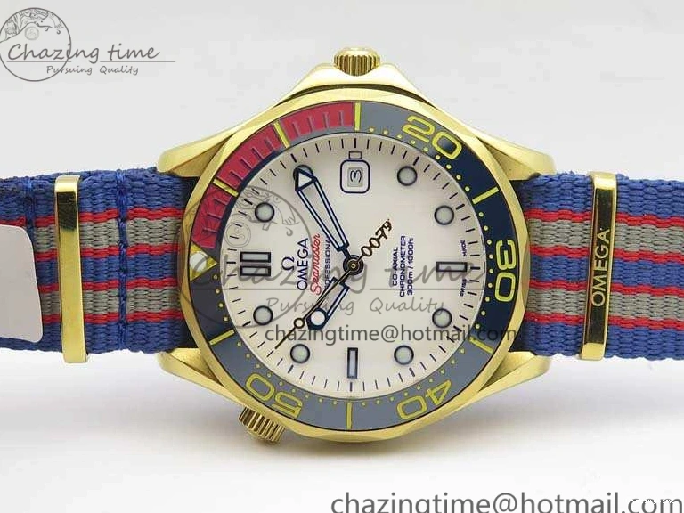 0417 Modern Seamaster 300M 007 YG URF 1:1 Best Edition White Dial Ceramic Bezel On Nylon Strap A 8115